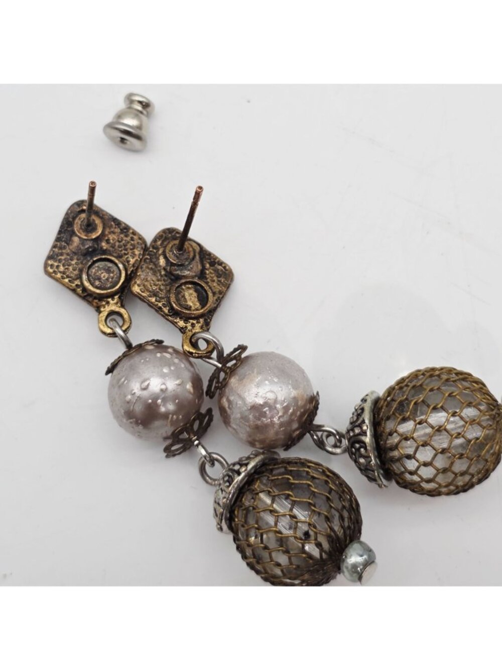 Drop Earrings With Faux Pearls & Mesh Beads Mixed Metal Rhinestone 2" - Picture 5 of 5